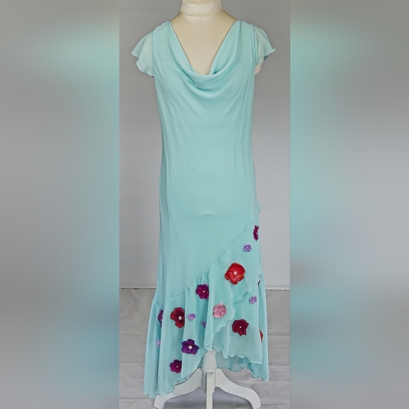 Jessica Light Blue Asymmetrical Dress Size 14 Floral Appliqué Made in Canada - Picture 3 of 6